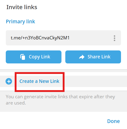 Telegram group link join settings showing invite link expiration options.