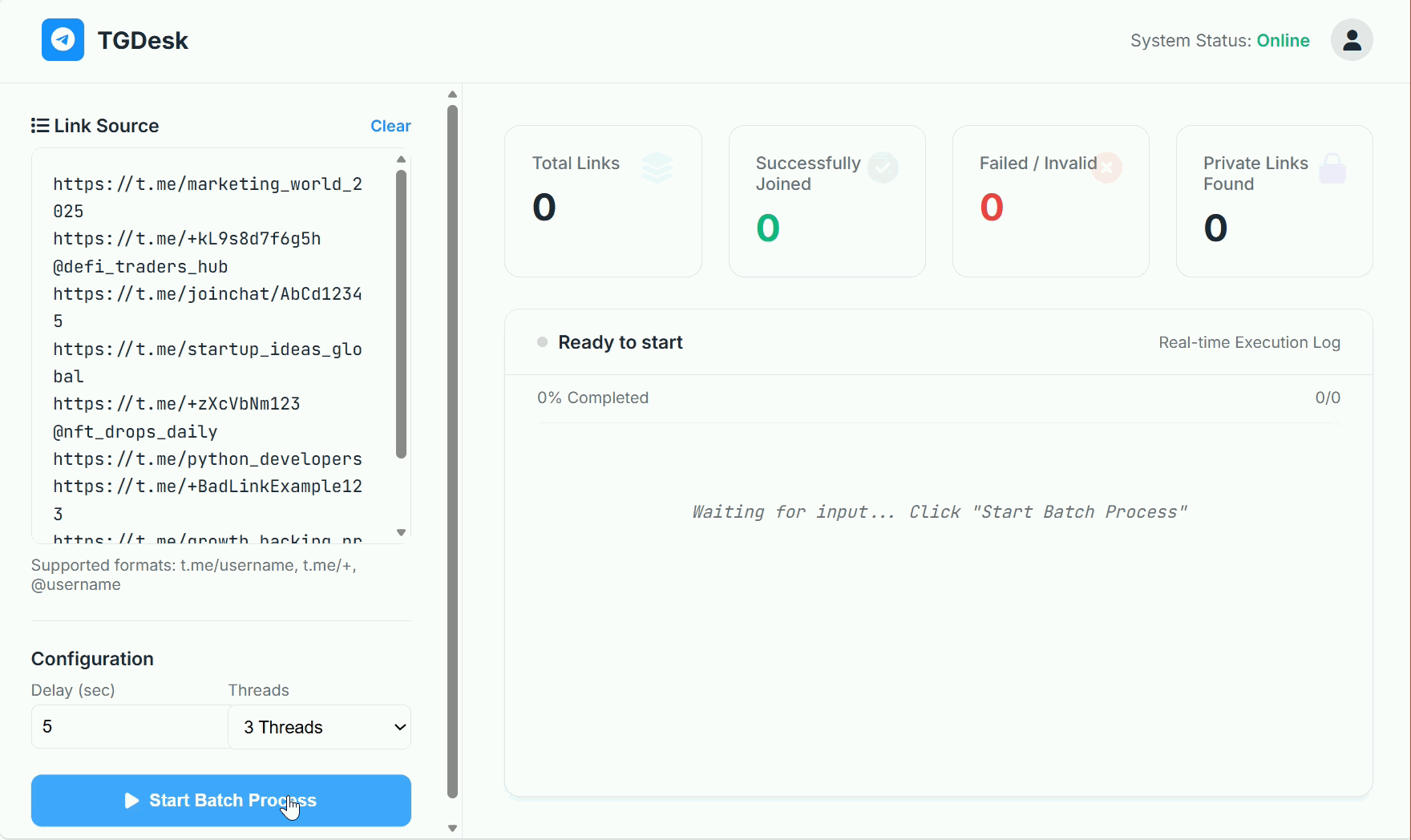 Automated Telegram group link join process dashboard demo