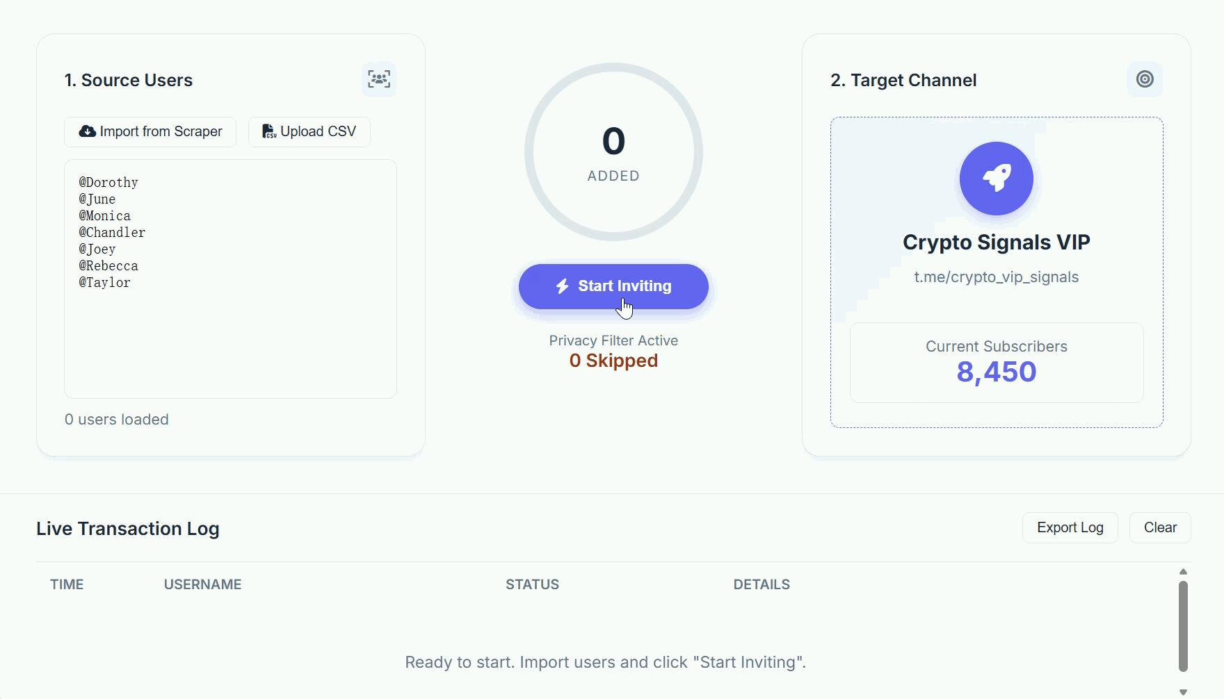 Task list showing successful Telegram invite link joins